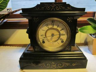 Antique Ansonia Clock 1880 ' S Cast Iron Mantle Clock/ 2 Keys And Pendulum photo