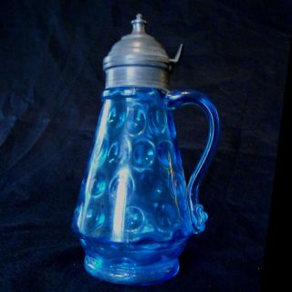 Old Antique Blue Inverted Thumbprint Pattern Glass Syrup Jug Pitcher photo
