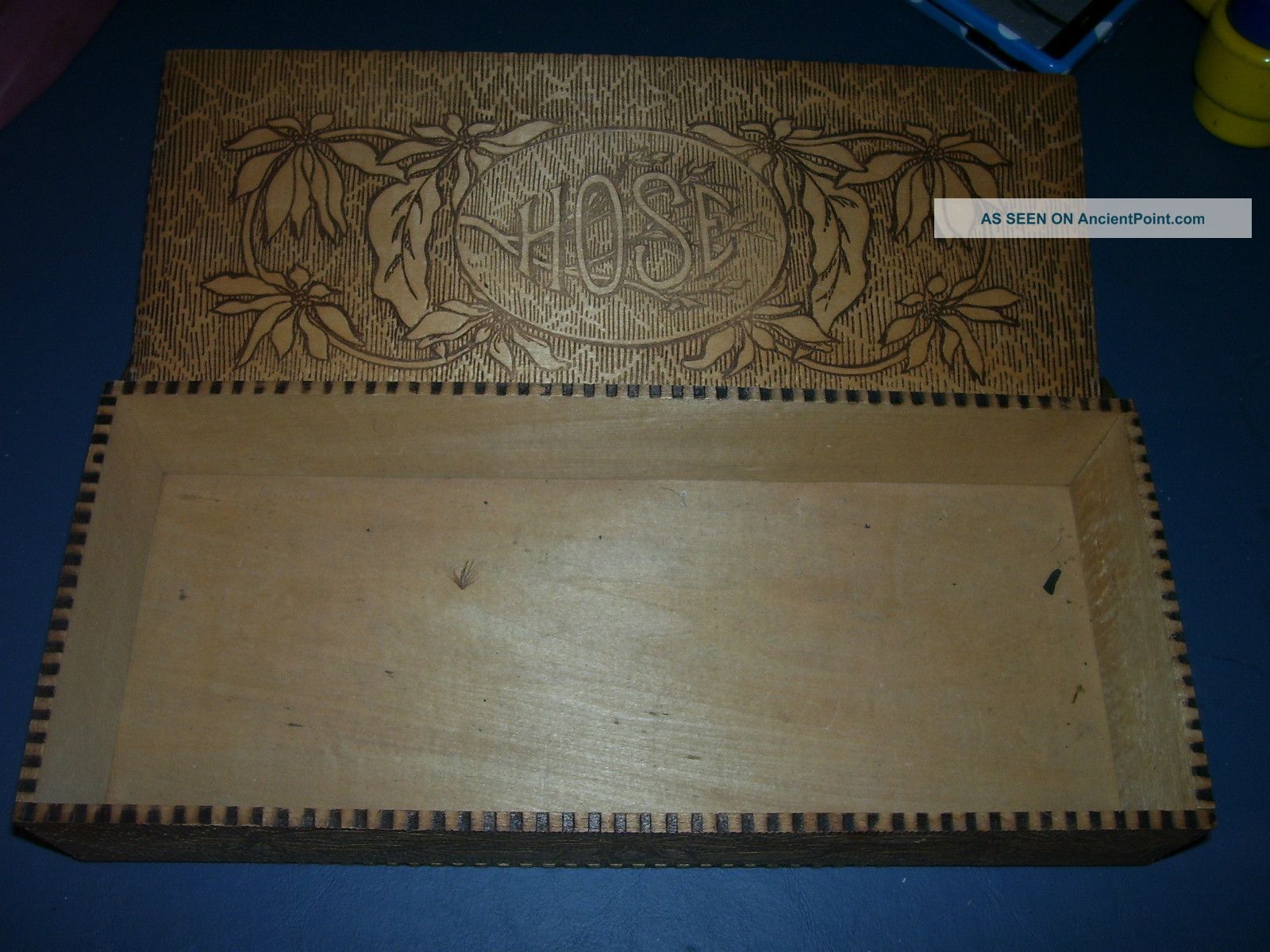 Antique Pyography Box For Hose With Fowers Great Shape Boxes photo