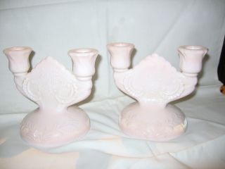 Jeannette Shell Pink Milk Glass Double Candle Lombardi Pattern Set Of 2 photo
