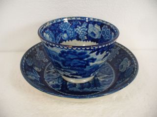 Antique 19c Staffordshire Historic Blue Pottery Cup And Saucer photo