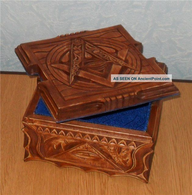 Rare Exclusive Casket Carving Wood Masonic For Jewelry Boxes photo