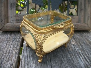 Antique Vintage Ormolu Jewelry Casket Trinket 5 Sided Filigree Box Beveled Glass photo