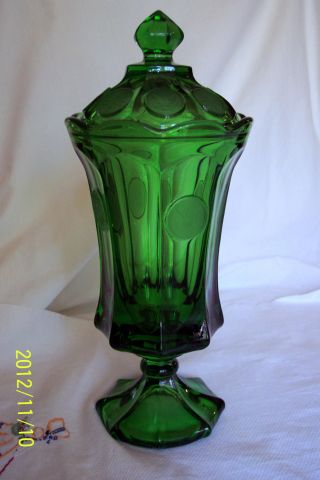 Mint Vtg.  Fostoria Emerald Green 1887 Coin Press - Dot - Spot Urn Vase Dresser Dish photo