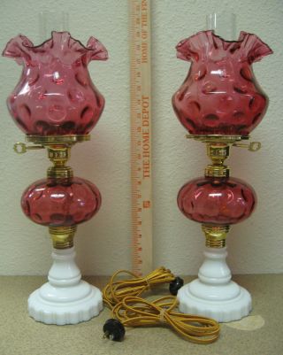 Vintage Cranberry Coin Dot Glass Lamps W/chimney & Milk Glass Base Circa 1918 photo