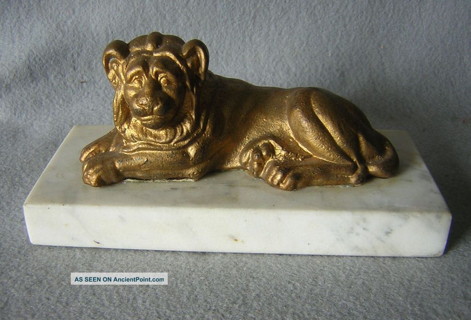 Antique English Lion Scultpure On Marble Base Metalware photo