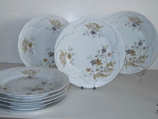 Set Of 8 Large Antique Porcelain Plates - Autumn Colors - Gold Gilt photo