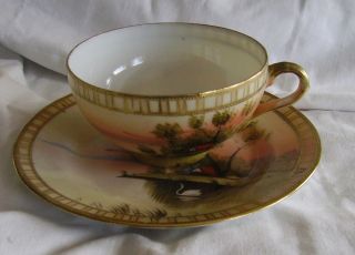 Antique Shofu Handpainted Fine China Cup & Saucer Plate Occupied Japan Rare Swan photo