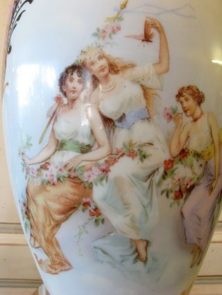 Antique French Limoges Style Transferred Painting Figurine Signed Porcelain Lamp photo