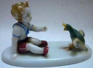 Antique Pre 1921 Germany Boy Feeding Angry Duck Whimsical Figural Group photo