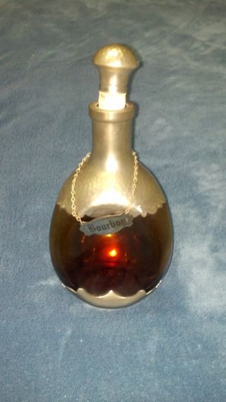 Fine Antique Art Deco Royal Holland Pewter Pinch Amber Glass Decanter Bottle photo