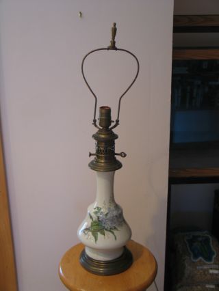 Vintage Ceramic Table Lamp Hand Painted Lilacs Mid - Century photo