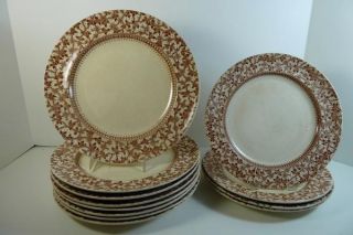 Antique Matching Set Of 8 Dinner & 4 Salad Plates D B & Co.  Brown Transfer Ware photo
