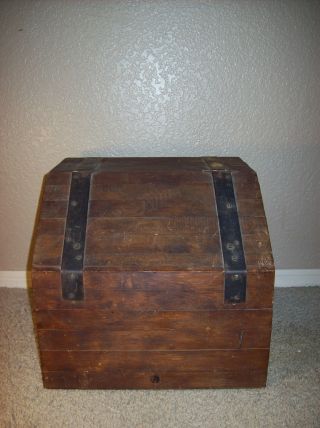 Old Wood Country Kitchen Folk Art Display Storage Bread Box Chest W Metal Bands photo