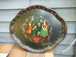 Vintage Metal Toleware Tray Pennsylvania Dutch Tole Painted Love Heart Oval Tray photo