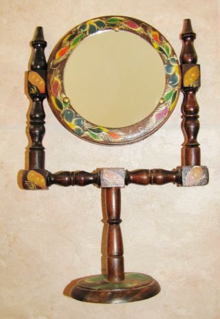 Vanity Mirror Dresser Top,  Handpainted Wood,  Vintage,  Swivel,  1 Of A Kind Old photo