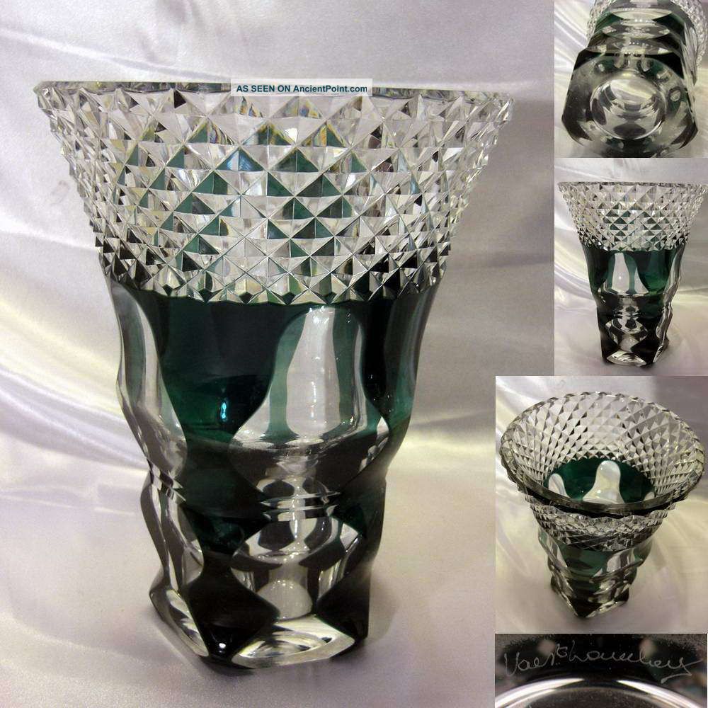 Big + Heavy Val St Lambert - Large Cut + Green / Clear Crystal Vase - Belgium Vases photo