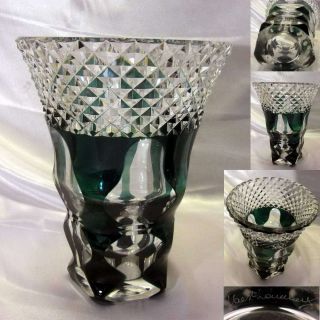 Big + Heavy Val St Lambert - Large Cut + Green / Clear Crystal Vase - Belgium photo