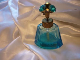 Antique Artdeco Irice Perfume Bottle Jeweled Ab Rhinestone Atomizer Peacock Blue photo