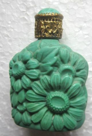 Old Malachite Glass Perfume Bottle Deeply Molded Flowers Orig Top Fine Condition photo