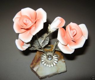 Vintage Capodimonte Flower Peach Roses W/ Silverplate Stems Onyx Stone Base photo