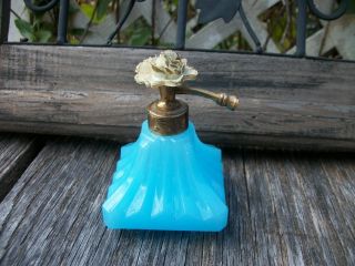 Vintage Art Deco French Blue Opaline Opaque Glass Perfume Bottle Flower Rare photo