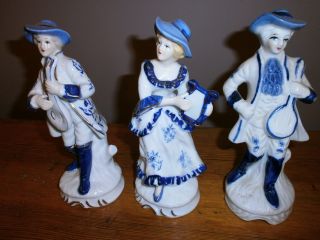 3 Perfect Porcelain Blue & White Musical Figures Playing Banjo Harp & Mandoline photo