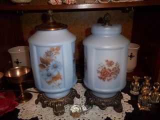 Lot 2 Romantic Country Blue Hand Painted Glass Shade & Brass Parlor Lamp Light photo