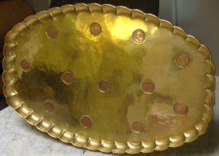 Italian Brass Antique Tray Inlaid With Copper Coins 23 
