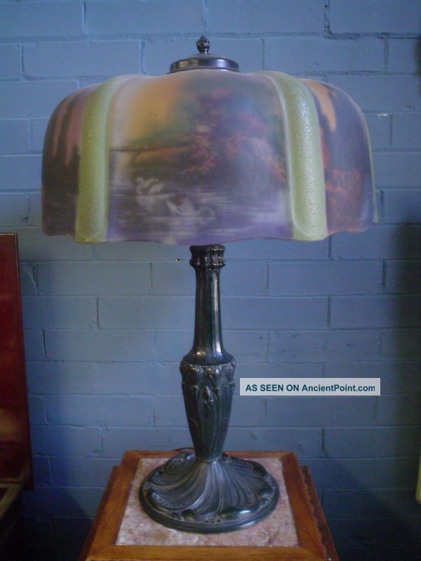 Antique Pittsburgh Reverse Painted Lamp With Swans Lamps photo