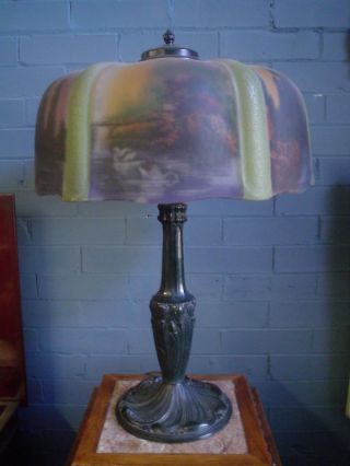 Antique Pittsburgh Reverse Painted Lamp With Swans photo
