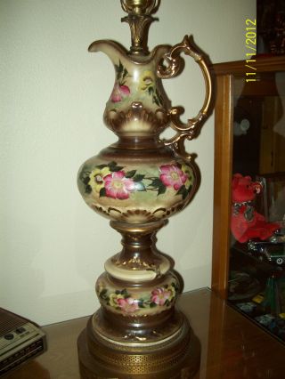 Antique Porcelain Hand Painted Lamp Roses Porcelain Pitcher Lamp Brass Base photo