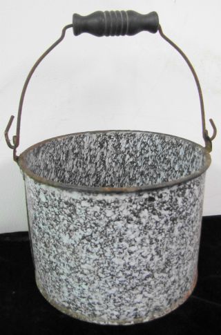 Antique Graniteware Berry Bucket - Wood Bale Handle photo
