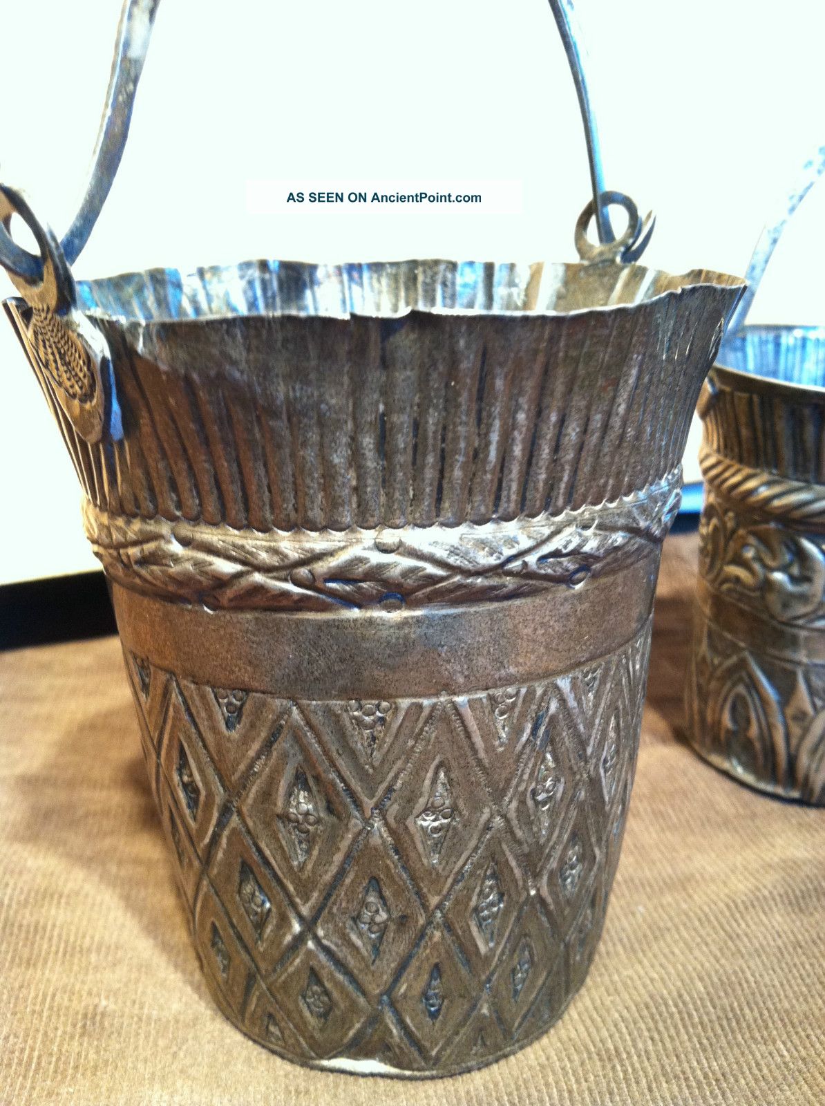 Two Antique Unusual Small Hammered Silver Buckets With Handles Metalware photo