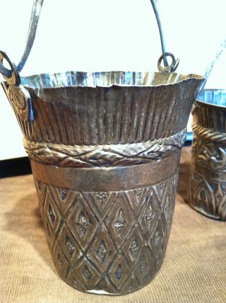 Two Antique Unusual Small Hammered Silver Buckets With Handles photo