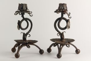 Antique Vintage Wrought Iron Decorative Pair Candlesticks – Flower And Bee photo