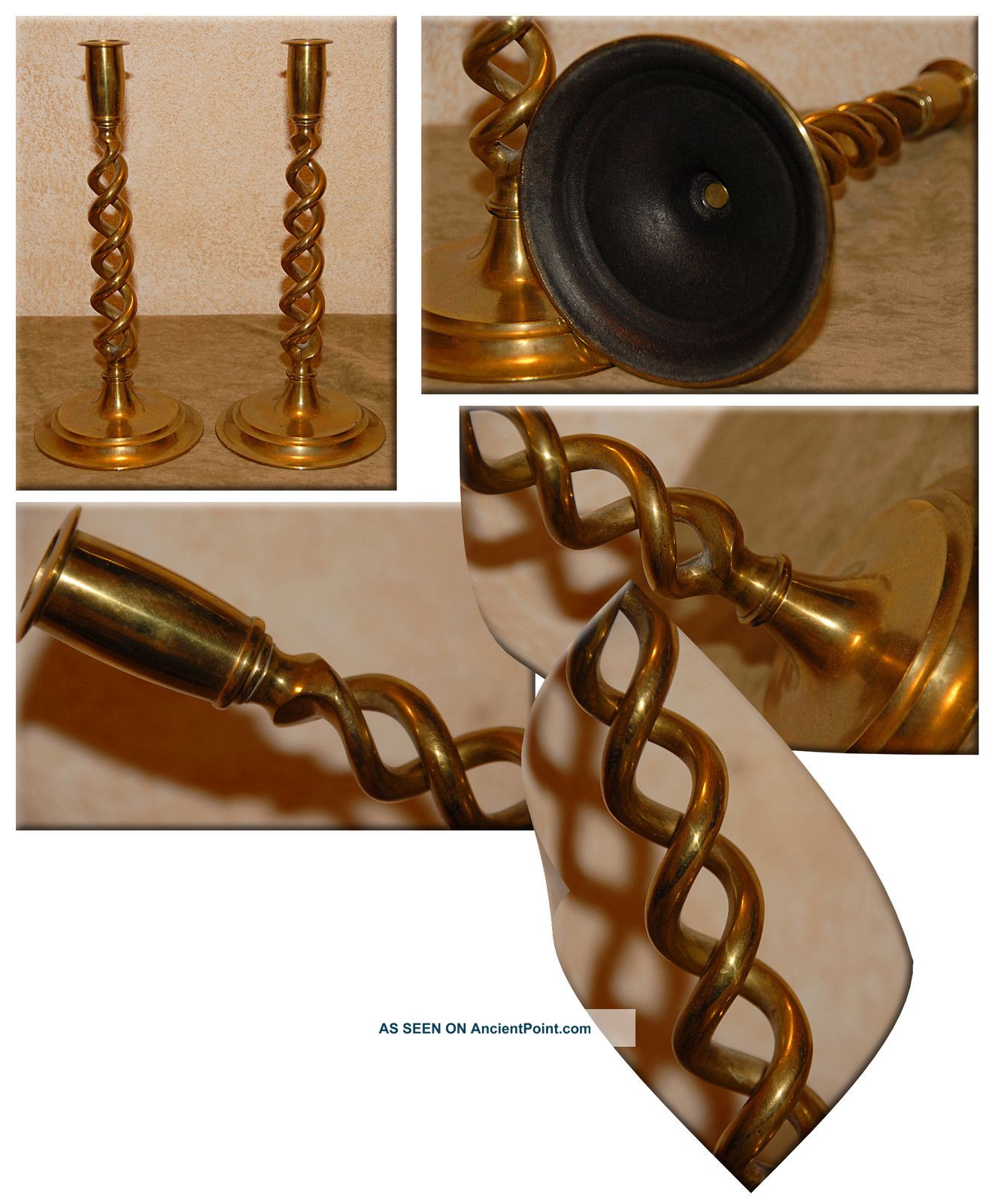Set Of 2 - Antique English Edwardian - Style Open Barley Twist Brass Candlesticks Metalware photo
