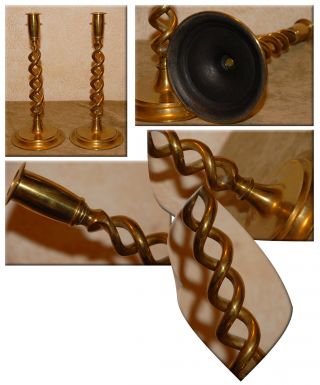 Set Of 2 - Antique English Edwardian - Style Open Barley Twist Brass Candlesticks photo