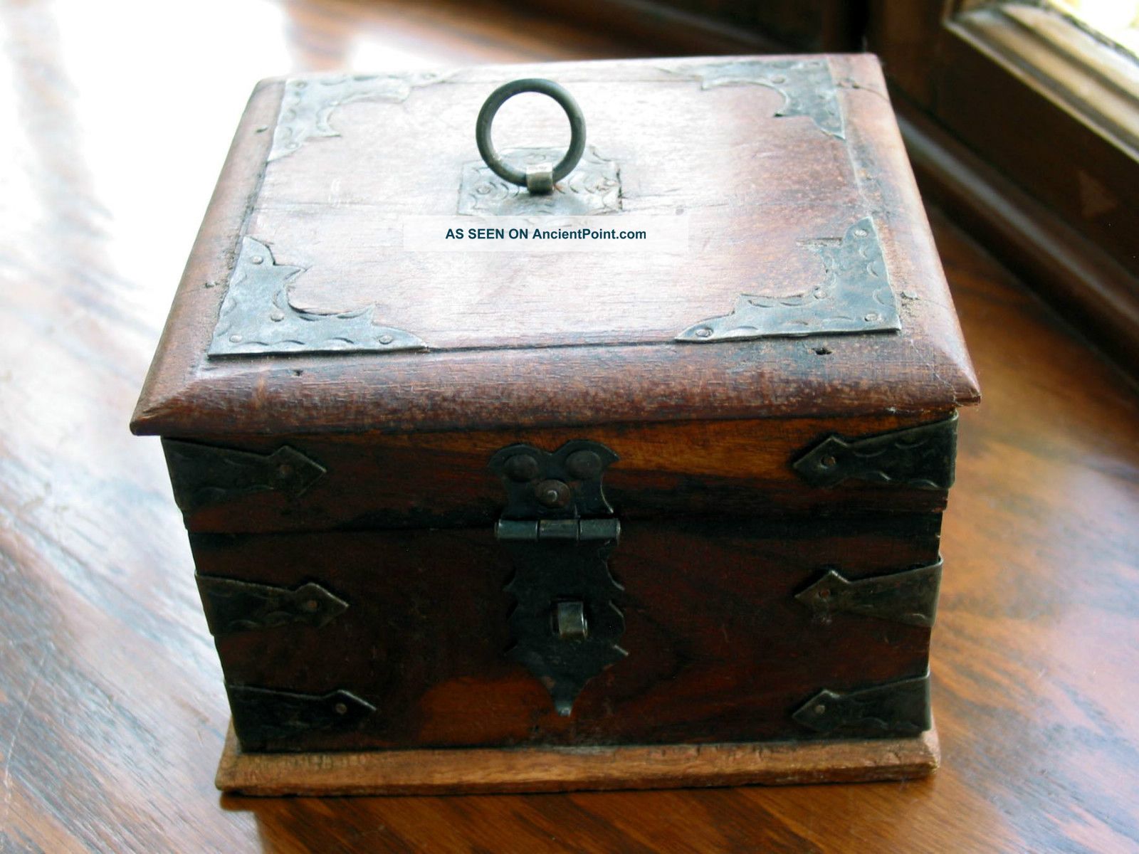 Antique Wooden Box Circa 1890 Hand Crafted Detailed Metal Decoration Boxes photo