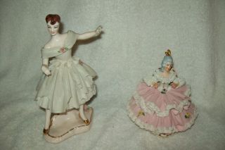 Vtg.  Dresden Figurine,  Germany,  Ballerina,  1960 ' S Pink Lace & Roses Gold 2 Pc photo