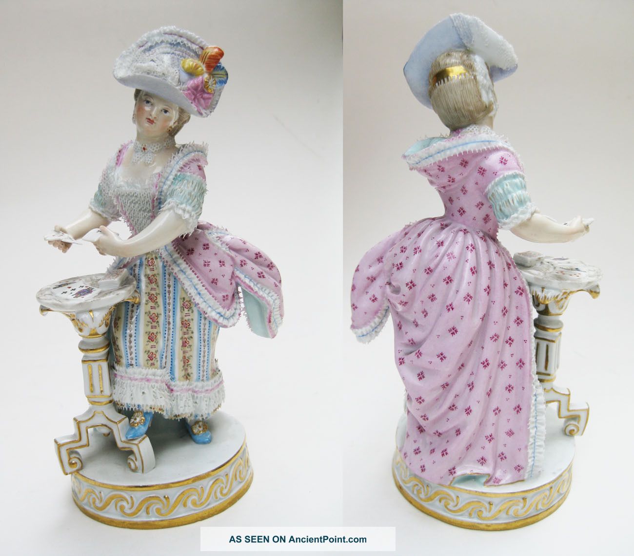 Antique Meissen Card Player Lady Figurine - Dresden German Porcelain Figure Figurines photo