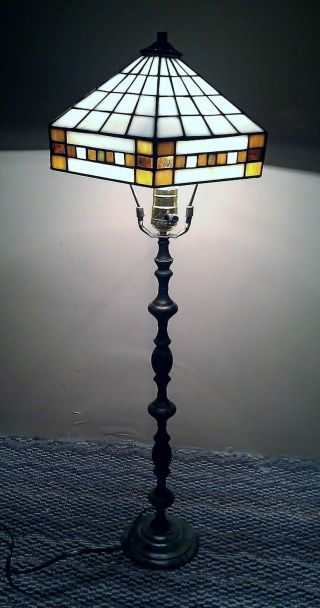 Vintage Stained Glass Tiffany Style Shade With Slender Bronze Lamp Stand photo