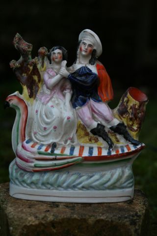 19th C Staffordshire Of Male & Female Lovers On Swan Boat With Spill Vase photo