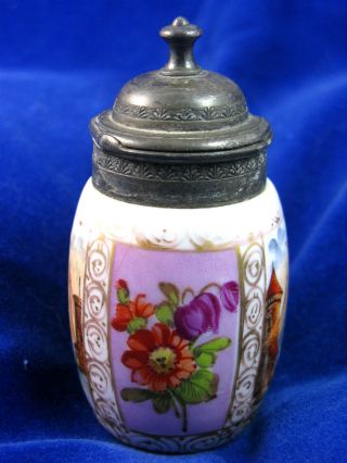Antique Hand Painted Figural Scene Porcelain Mustard Pot,  Silverplate Hinged Lid photo
