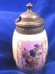 Antique Hand Painted Figural Scene Porcelain Mustard Pot,  Silverplate Hinged Lid Jars photo 3