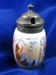 Antique Hand Painted Figural Scene Porcelain Mustard Pot,  Silverplate Hinged Lid Jars photo 4