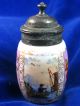 Antique Hand Painted Figural Scene Porcelain Mustard Pot,  Silverplate Hinged Lid Jars photo 5