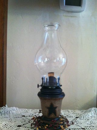 Primitive,  Americana,  Country,  Crackled Oil Lamp,  With Hurricane Shade And Pips photo