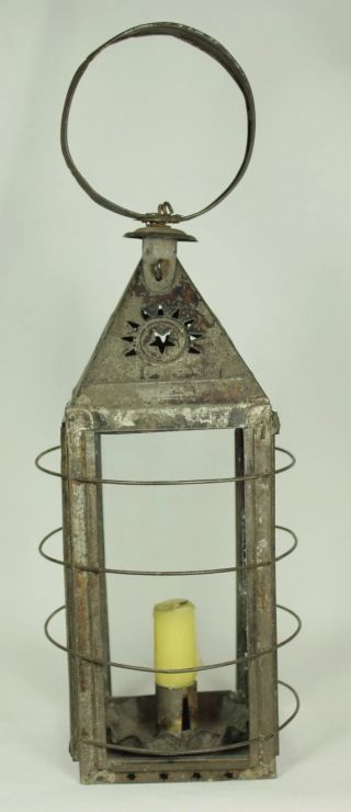 Early Primitive 19th C.  Punched Tin & Glass Candle Lantern W/stars Aafa photo