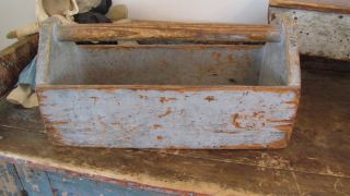 19th C Early Old Primitive Wooden Wood Carrier Tote Blue Gray Paint photo